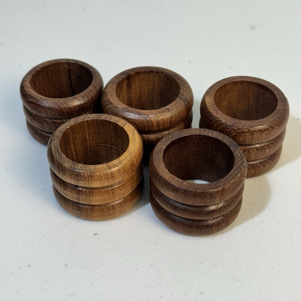 VTG Set of Five (5) MCM Ribbed Wooden Napkin Holders Round Shape 70’s Teak Wood